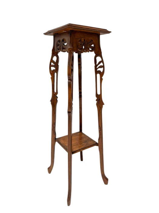 Art Nouveau Pedestal Plant Stand, Hand-Carved Beech & Marble, 1900s